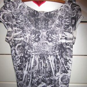 grey & white ruffled rose floral blouse